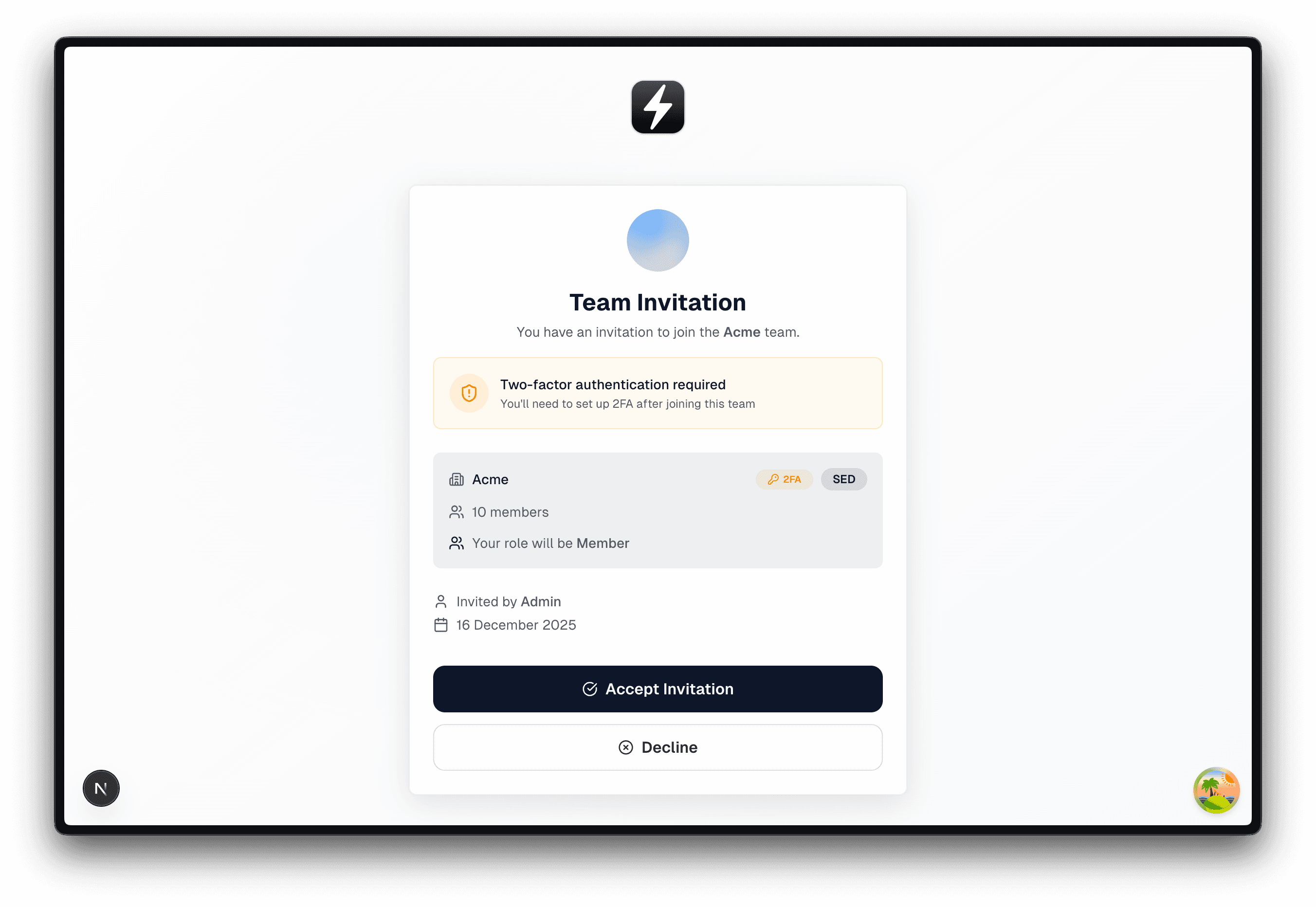 Invite to 2FA team